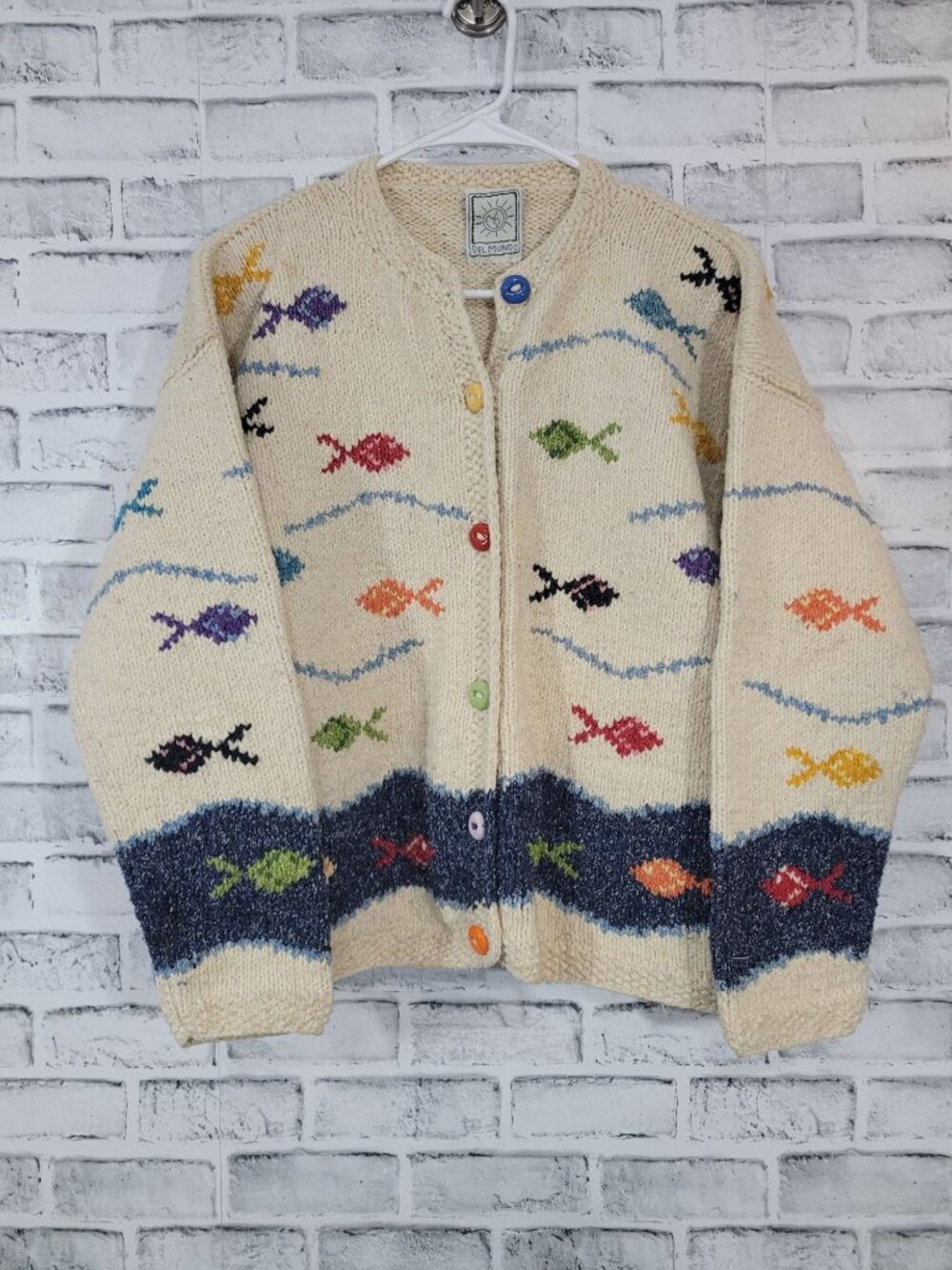 Vintage Del Mundo Open Front Sweater Cardigan Wool Blend Fish Chunky Nautical